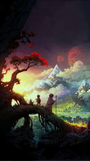 兩個旅人在根橋上欣賞暮色天空下的山脈，天空中有兩個月亮。 — 黃昏 壁紙