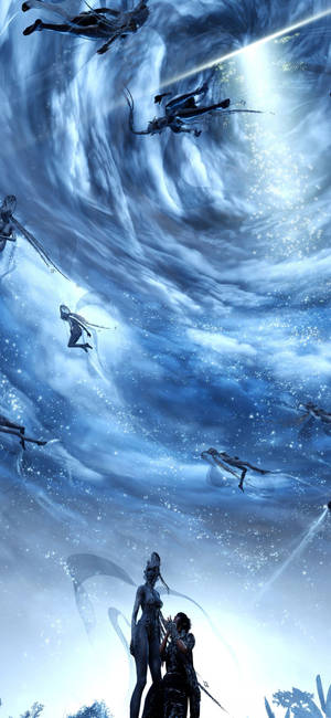 兩個剪影人物仰望旋轉的宇宙漩渦，其中有漂浮的空靈生物。 — Galaxy A07 壁紙