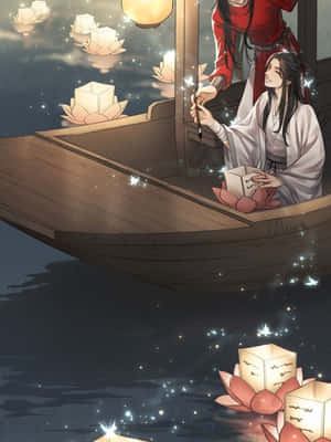 兩個身穿傳統長袍的人在平靜的夜湖上從木船釋放發光的蓮花燈籠。 — 動漫 壁紙