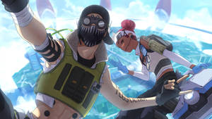 兩個身穿戰術裝備的動漫角色在未來城市中擺姿勢。 — Apex Legends 生命線 壁紙