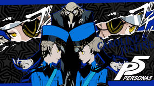 兩個身穿藍色制服、黃色眼睛的動漫角色在一個圖形化的 Persona 5 場景中對峙。 — 人格面具 壁紙