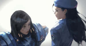 兩個身穿藍色制服的女性動漫角色面對面。 — 艾莉塔：戰鬥天使 壁紙
