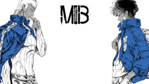兩個身穿藍色外套的動漫角色面對面，帶有MIB標誌。 — Megalobox 壁紙