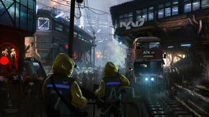 兩個身穿防護服的工人在下雨的未來城市車站，靠近一輛雙層巴士。 — 賽博龐克城市 壁紙