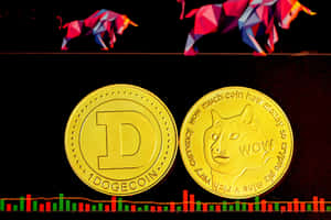 兩個 Dogecoin 代幣在金融圖表上，上方有幾何公牛雕像。 — MacBook Air 壁紙