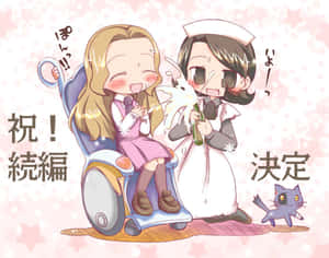 兩個動漫女孩用香檳祝酒，一個坐輪椅，一個穿護士服，附近有一隻貓。 — 櫻島麻衣 壁紙