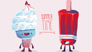 兩個微笑的卡通冰淇淋和冰棒角色，帶有「SUMMER TIME」文字。 — 可愛卡通 壁紙