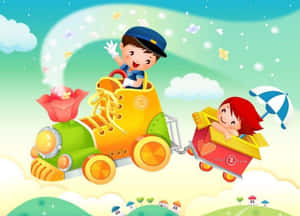 孩子們乘坐色彩繽紛的鞋子形狀火車，穿過有雲朵和蝴蝶的夢幻天空。 — 小孩動圖 壁紙
