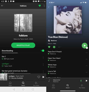兩個音樂應用程式的分割畫面，顯示Taylor Swift和Madonna的專輯介面。 — Spotify 壁紙