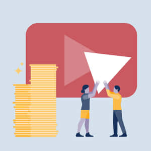 兩個人拿著一個YouTube播放按鈕，旁邊是一堆硬幣。 — 乾淨 壁紙