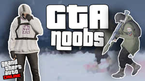 兩個GTA Online角色在風格化的數位藝術場景中站在「GTA noobs」文字旁邊。 — PC 遊戲 壁紙