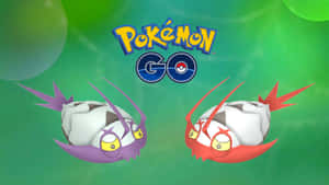 兩個帶有紫色和紅色點綴的Pokémon Go角色，背景為綠色。 — 寶可夢 高畫質 壁紙