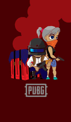 兩個身穿PUBG裝備的卡通玩家蹲在板條箱後面，背景有煙霧。 — Infinix Xpad 20 Pro 壁紙