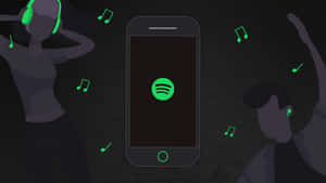 兩個人戴著耳機和音符圍繞著顯示Spotify的智慧型手機跳舞。 — Spotify 壁紙