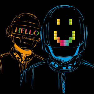 兩個機器人人物戴著發光頭盔，一個顯示 hello，另一個顯示彩虹笑臉。 — 放克風格 壁紙