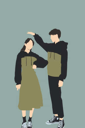 兩個穿著相配連帽衫和運動鞋的人，在極簡插圖中站在一起。 — 後代 壁紙