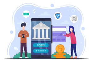 兩個人使用智慧型手機進行線上銀行業務，帶有金錢和安全圖標。 — 3:2 壁紙