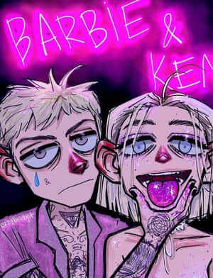兩個動漫角色，帶有刺青和亮粉，位於粉紅色霓虹燈文字 Barbie & Ken 下方。 — 可愛卡通 壁紙