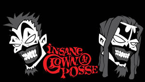 兩個帶有尖銳牙齒的卡通骷髏頭夾著紅色的 Insane Clown Posse 標誌。 — Icp 壁紙