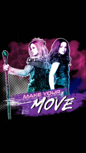 兩個奇幻女孩戴著皇冠和權杖，背景是粉紅色煙霧，帶有 make your move 文字。 — 後代 壁紙