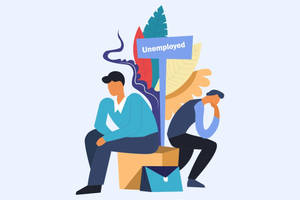 兩個插圖求職者坐在「Unemployed」標誌旁邊，有樹葉和一個公事包。 — 插畫 壁紙