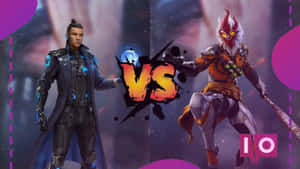 兩個動畫遊戲角色身穿戰鬥裝備，以發光的VS符號對峙。 — Free Fire 櫻花 壁紙