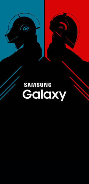 兩個頭盔人物，分別為藍色和紅色的一半，帶有Samsung Galaxy文字。 — 三星Galaxy 壁紙