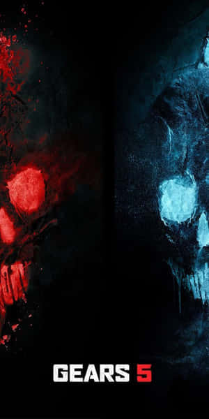 Gears 5 的深色遊戲海報中，兩個發光的紅色和藍色頭骨。 — 電玩遊戲 GIF 壁紙