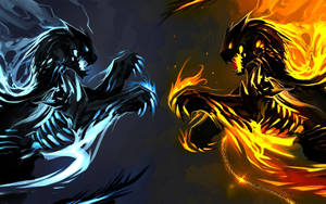 兩個骷髏惡魔——一個冰藍色，一個火橙色——在超自然戰鬥中對峙。 — 火焰與冰 壁紙