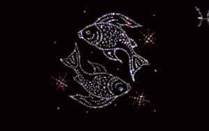 兩條由水晶製成的魚在夜空中發光，伴隨著色彩繽紛的星爆。 — 天秤座 壁紙