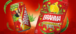 兩個紅色Brahma啤酒罐，帶有嘉年華設計和綠色葉子，在紅色背景上。 — 啤酒 壁紙