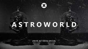 兩個鳥籠中的骷髏人物，在黑暗粗糙的場景中帶有「ASTROWORLD」文字。 — 崔維斯·史考特 天文世界 壁紙