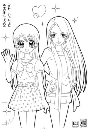 兩個動畫女孩以填色書風格揮手，周圍有閃光和心形。 — 紫色動漫美學 壁紙