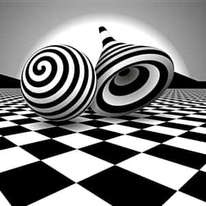 黑白棋盤格地板上的兩個螺旋3D形狀。 — 抽象 壁紙