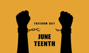 兩個高舉的拳頭打破鎖鏈，黃色背景上寫有文字 Freedom Day June Teenth — 自由 壁紙