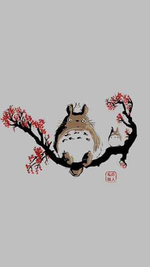 兩個龍貓角色坐在櫻花枝上，帶有紅色印章。 — 植物美學 壁紙