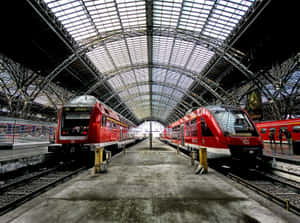 兩列紅色火車在一個有玻璃和金屬屋頂的車站。 — 地鐵 壁紙