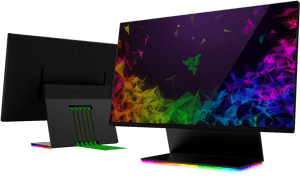 兩台Razer電競顯示器，帶有彩虹LED燈及色彩繽紛的幾何螢幕。