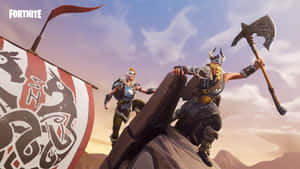 兩名Fortnite維京戰士在掛著大旗的船上。 — 精細 壁紙