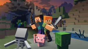 Minecraft玩家手持劍，在像素世界中面對殭屍、苦力怕和豬。 — 可愛 Minecraft 壁紙