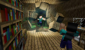兩名Minecraft角色在木製圖書館中，掉落的方塊露出森林。 — 電玩遊戲 GIF 壁紙