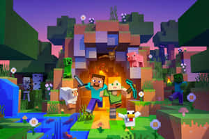 日落時分，色彩繽紛的方塊洞穴中的Minecraft玩家和動物。 — 我的世界 終極人 壁紙