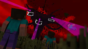 兩個Minecraft角色在紅色天空中對抗一個發光紫色Boss — 暗黑地牢 壁紙
