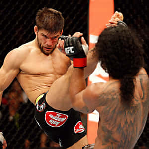 兩名男性MMA拳手在八角籠中，一人踢向另一人，後者正在阻擋。 — 終極格鬥冠軍賽 壁紙