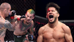 八角籠中的兩名MMA拳手，一人有彩虹頭髮，另一人滿臉鮮血尖叫。 — 終極格鬥冠軍賽 壁紙