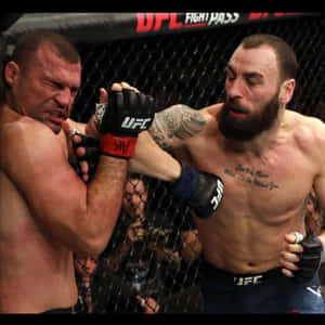 兩名男性拳手在比賽中於UFC八角籠內纏鬥。 — 運動 壁紙