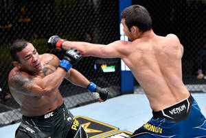 兩名男性MMA拳手在籠中進行高強度比賽。 — 運動 壁紙