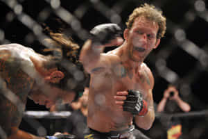 兩名男性MMA拳手在鐵籠比賽中互相出拳，可見血跡和汗水。 — 終極格鬥冠軍賽 壁紙