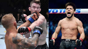 兩名男性MMA拳手在鐵籠中，一人揮拳打另一人，勝者咆哮。 — 終極格鬥冠軍賽 壁紙