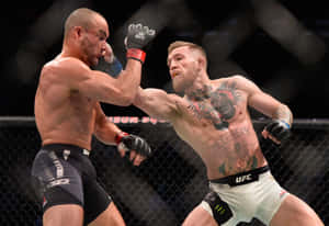 兩名男性MMA拳手在UFC比賽期間於八角籠內互相出拳。 — 終極格鬥冠軍賽 壁紙